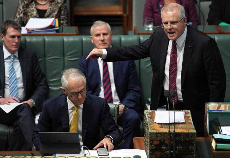 Federal Treasurer Scott Morrison at the dispatch box with Australian Prime Minister Malcolm Turnbull.