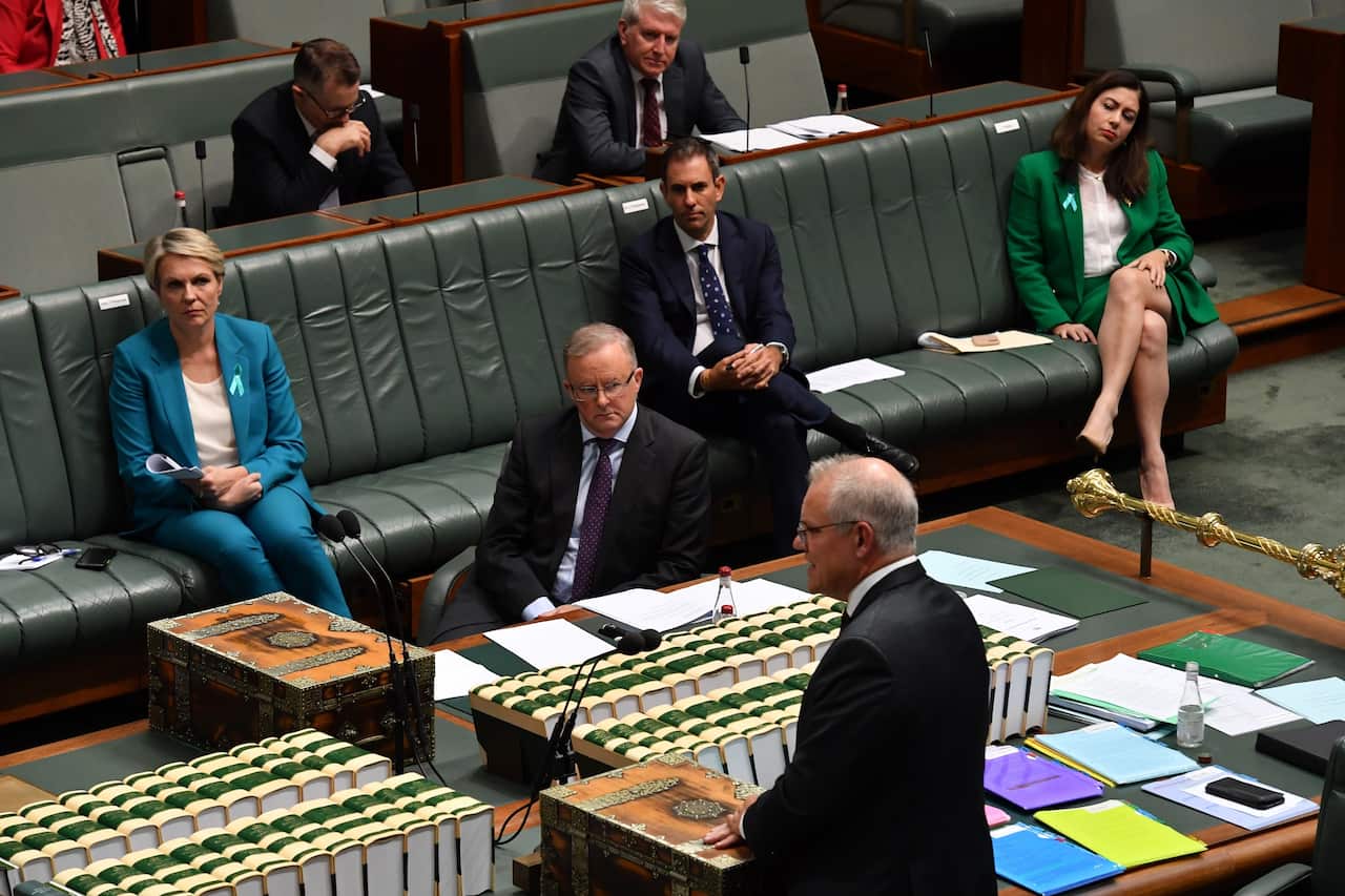 Prime Minister Scott Morrison and Leader of the Opposition Anthony Albanese during Question Time on 24 February, 2021.  