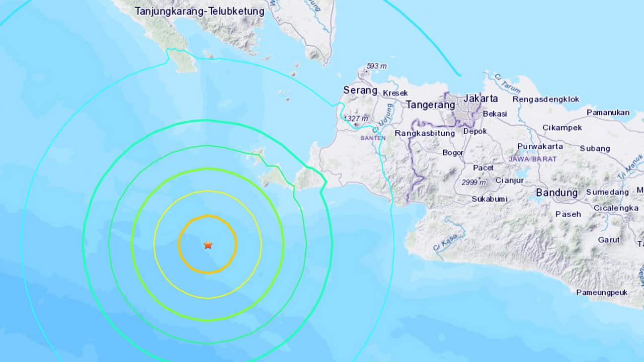 The location of the earthquake, which struck at a depth of 42.8 km near Tugu Hilir, Indonesia.