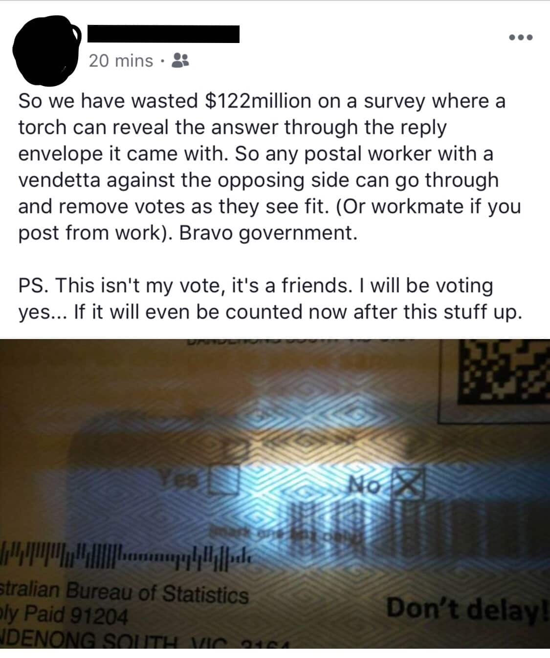 A Reddit thread started with claims you could see the vote on a ballot if you shined a torch on the envelope.