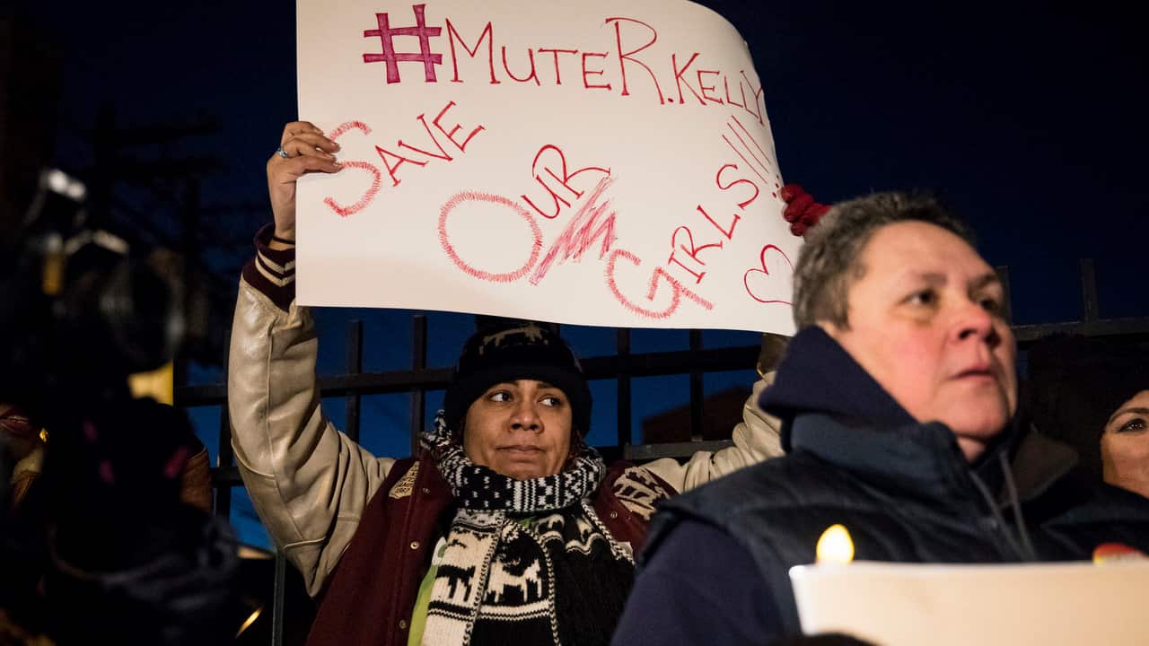 #MuteRKelly supporters protest outside R. Kelly's studio  on 9/1//19. 