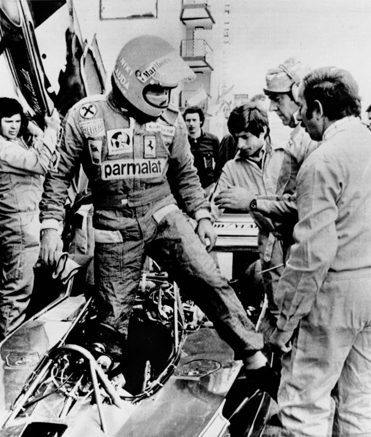 The then world champion steps from his Ferrari 312-T2 in April, 1976.