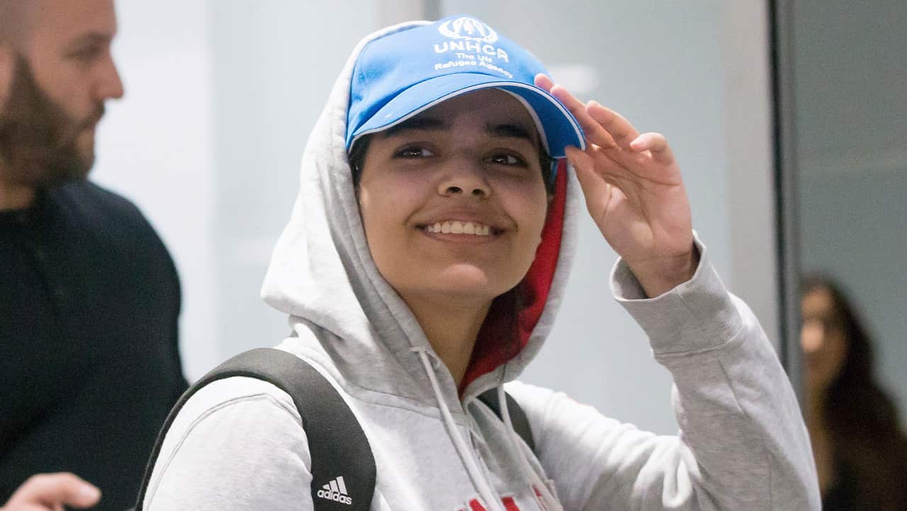 Rahaf Mohammed al-Qunun arrives at Toronto International Airport. She has now been granted asylum in Canada. 
