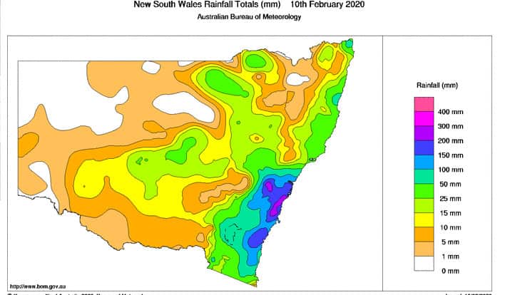 Rainfall totals in the 24 hours to 10 January 2020.