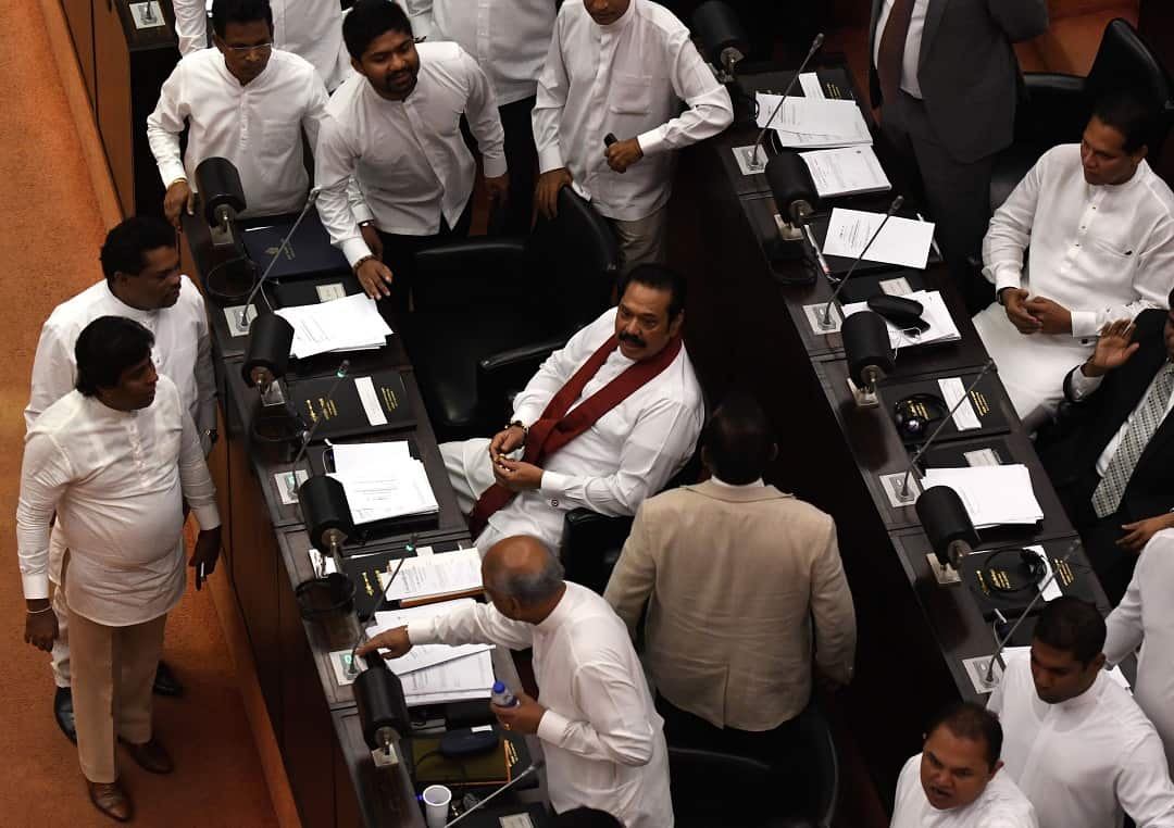 Sri Lanka's former president and currently appointed prime minister Mahinda Rajapakse in Parliament. 
