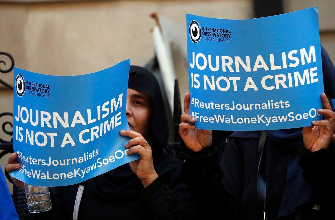 Protesters demand the release of Reuters journalists Wa Lone and Kyaw Soe Oo in front of the Myanmar Embassy in London.