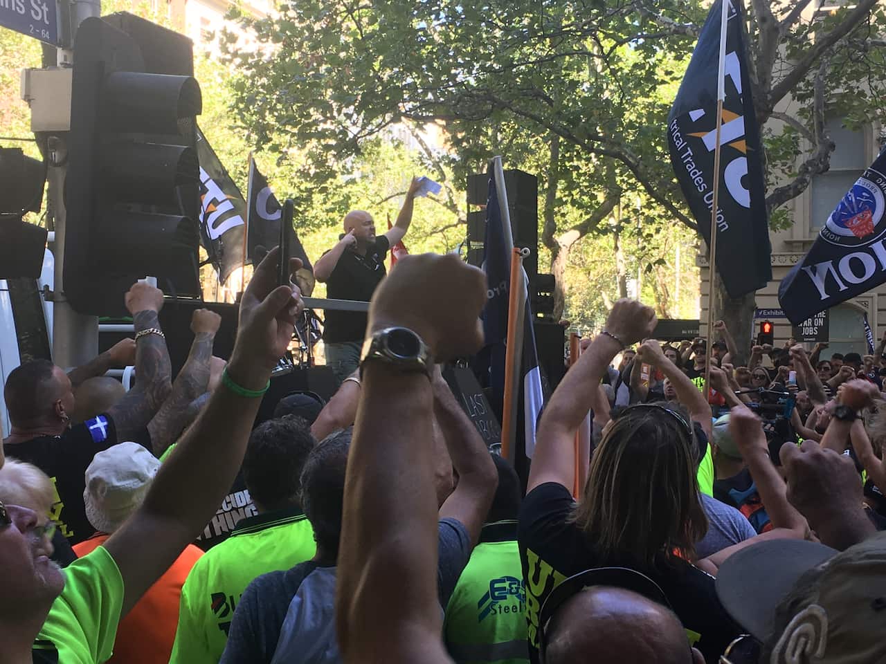 People attend a penalty rates protest rally in Melbourne.