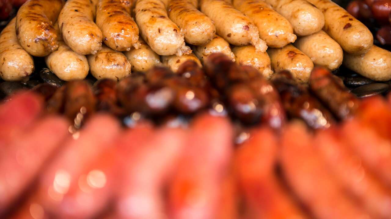 Sausages are for sale at a stall on a food street in Wuhan city, central China's Hubei province.