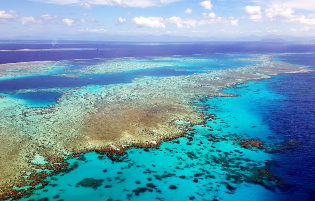 The Great Barrier Reef in the Coral Sea off the coast of Queensland.