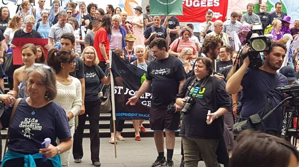 Protesters gathered outside the State Library in Melbourne.