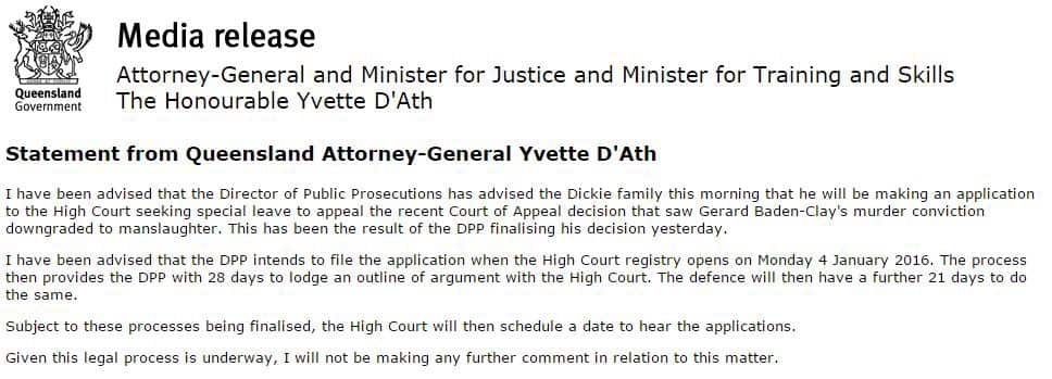 Media release from the Attorney-General confirming the appeal will be filed