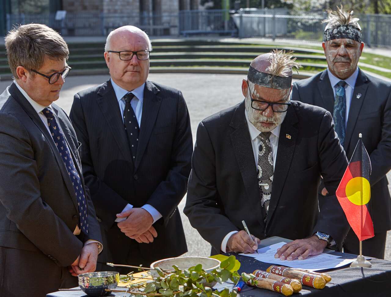 History Museum Director Sir Michael Dixon, Australian High Commissioner, George Brandis, Professor Peter Buckskin and Mr Douglas Milera during the repatriation 