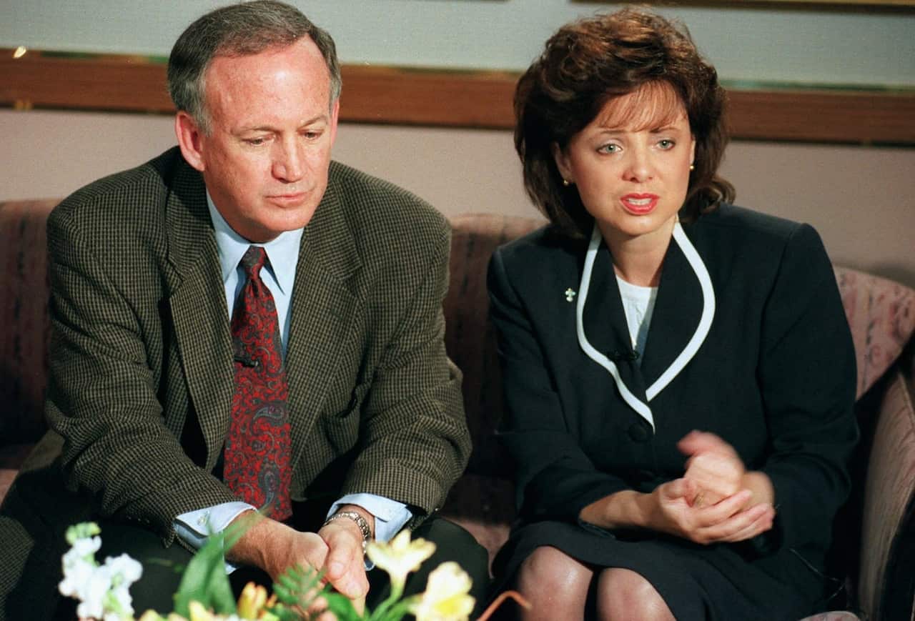 John and Patsy Ramsey are shown meeting reporters on Thursday, May 1, 1997, in Boulder, Colorado (AAP)