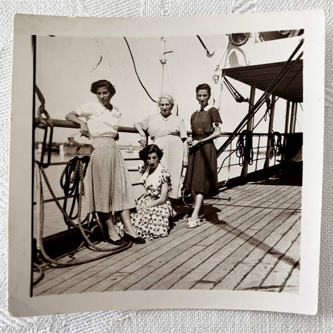 Julie's sister's Teffaha (Anne) Victoria and Evelyn with her mother Toba on the boat to Australia in 1950