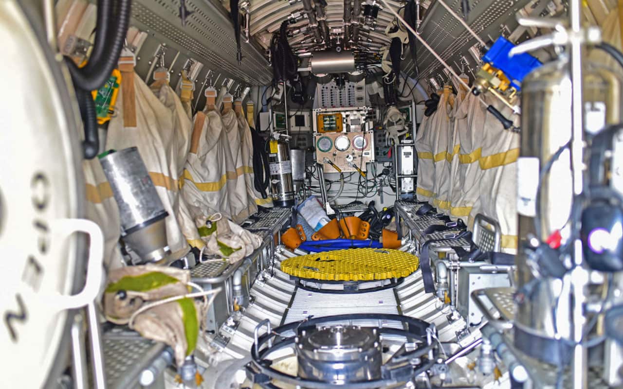 Inside view of the US Navy deep diving rescue vehicle, the Pressurized Rescue Module (PRM), mobilized to support the Argentine government's search.