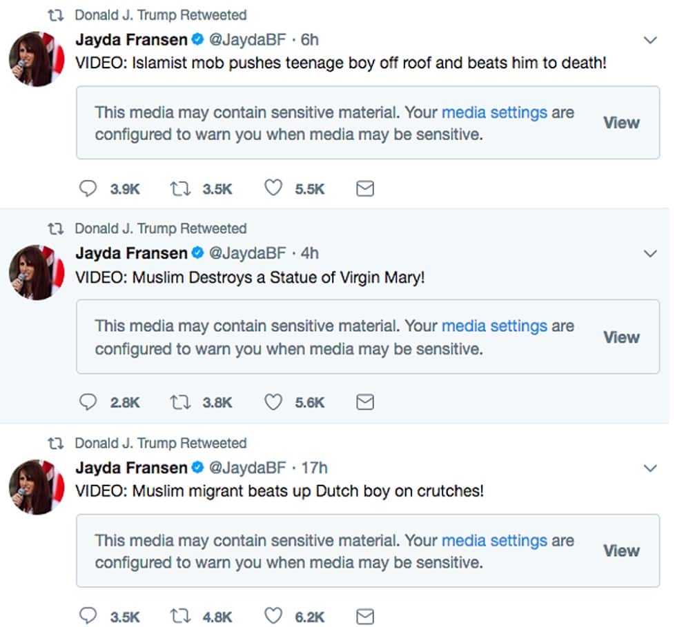 The anti-Muslim tweets re-tweeted by Donald Trump on 29 November 2017.
