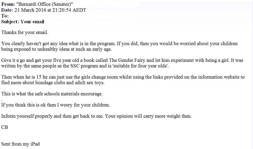 The email sent from Mr Bernardi to Ms Cerveri (SBS)