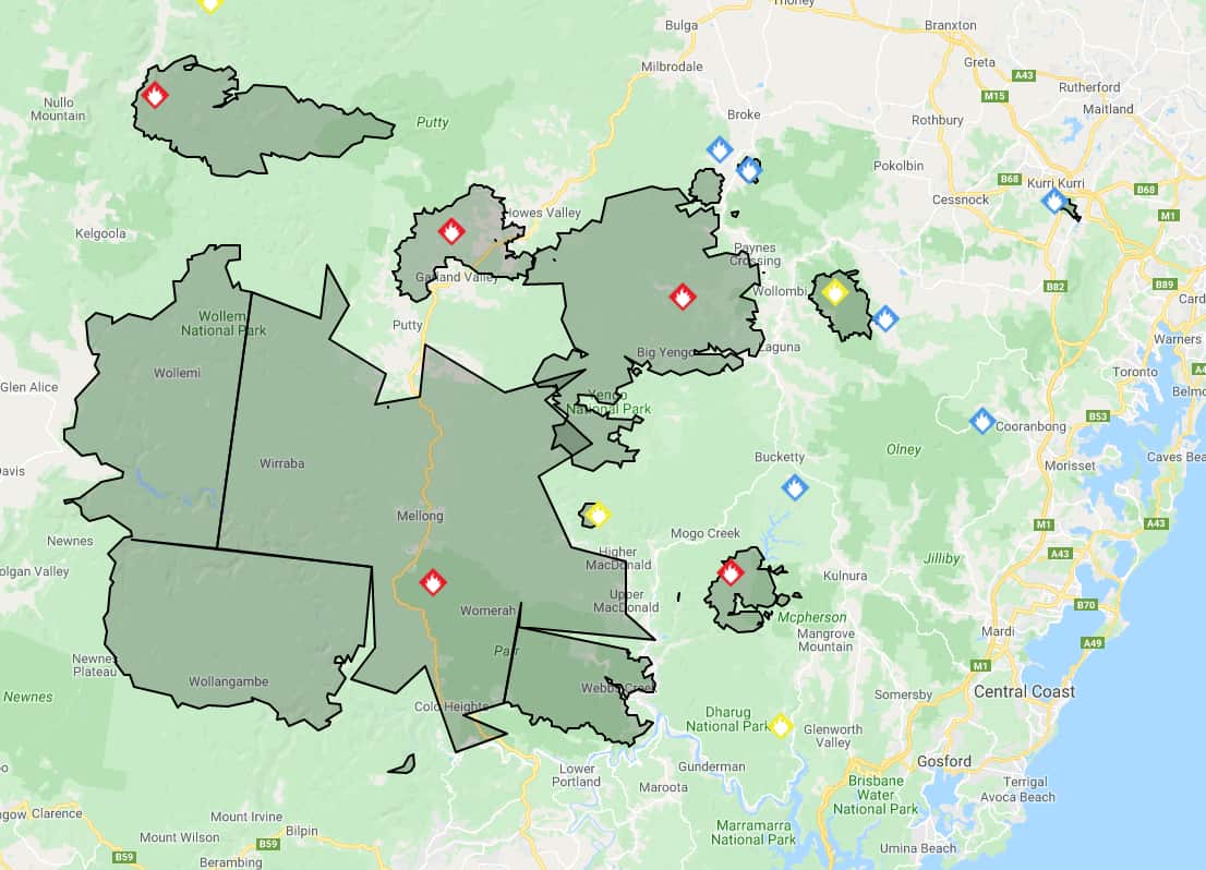 Three fires burning north of Sydney in New South Wales merge together..