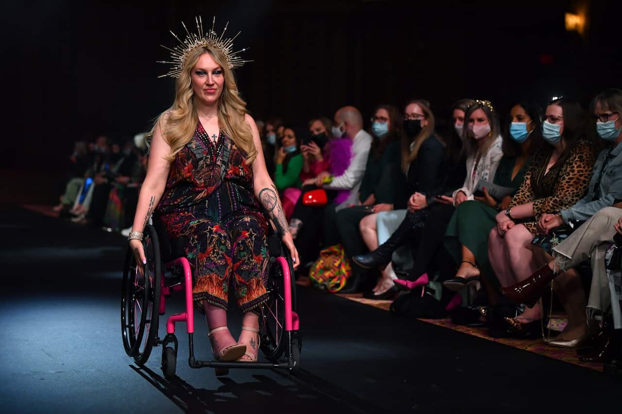 Rhiannon Tracey on the runway at Melbourne Fashion Week.