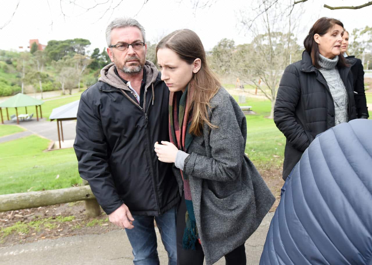 Borce Ristevski and daughter Sarah leave a press conference in July 2016. 