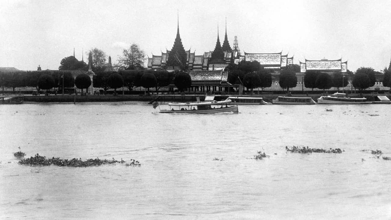 The Grand Palace on the east bank of the Chao Phraya River, Bangkok in 1930.