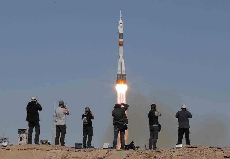 The Russian rocket, bound for the ISS, takes off from the launch pad at the Russian leased Baikonur cosmodrome, Kazakhstan.