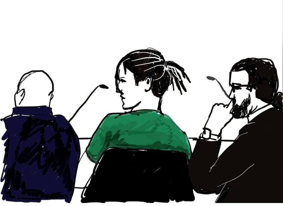 A court sketch shows the US rapper in court with his legal team. 