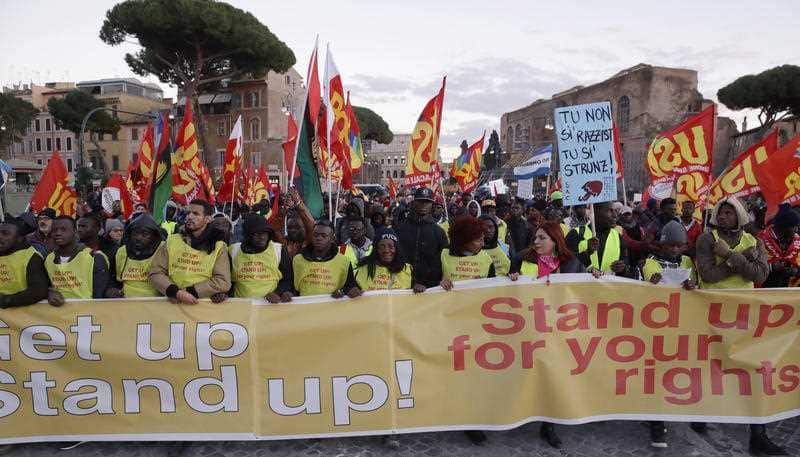 Protesters march through Rome.