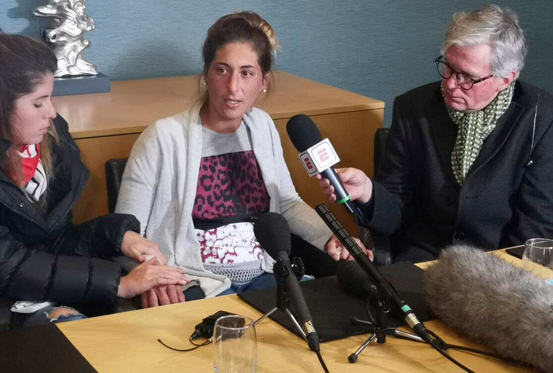 Romina Sala, the sister of Emiliano Sala, centre, talks during press conference at St David's Hotel in Cardiff, Wales, Thursday Jan. 24, 2019 (AAP)
