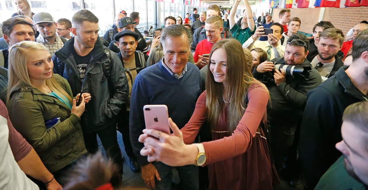 The former Republican presidential candidate Mitt Romney at Utah Valley University.