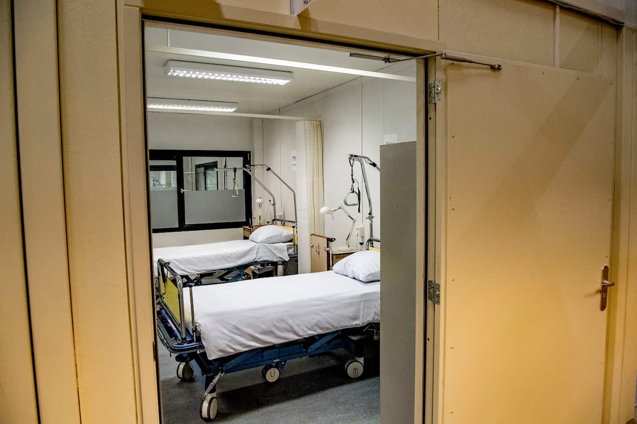 Hospital beds in Rotterdam’s Ahoy concert hall.