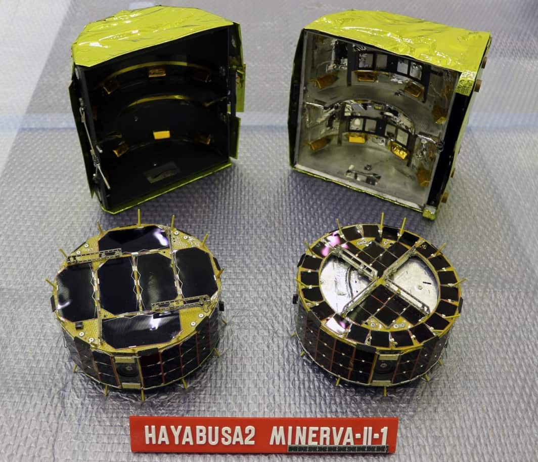An undated handout photo made available by the Japan Aerospace Exploration Agency (JAXA) on 21 September 2018 shows the small rovers 