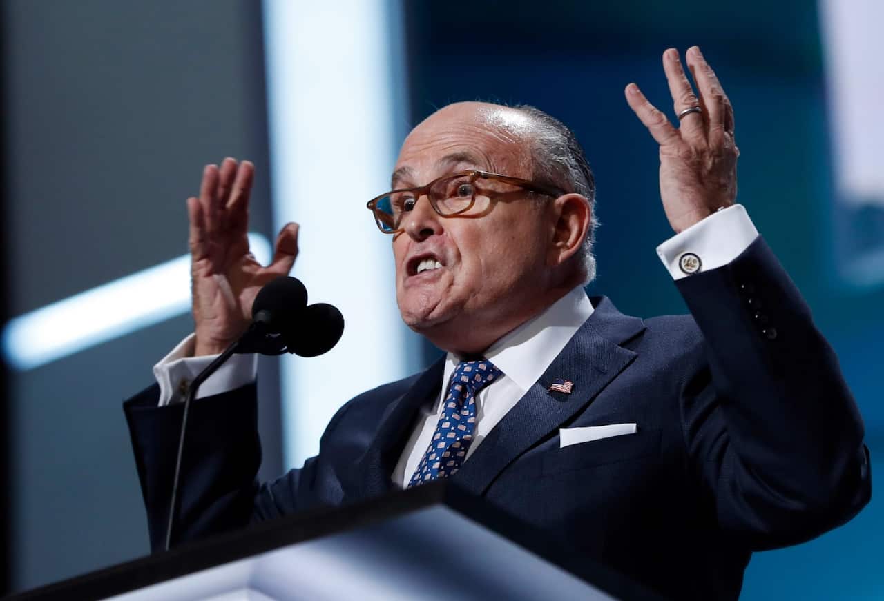 Former New York Mayor Rudy Giuliani speaks during first day of the Republican National Convention in Cleveland, Monday, July 18, 2016.