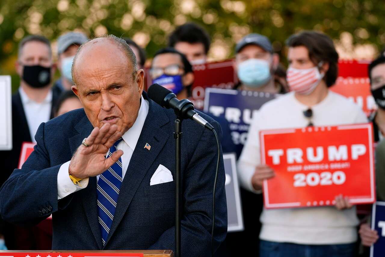Rudy Giuliani, a lawyer for President Donald Trump, speaks during a news conference on legal challenges to vote counting in Pennsylvania on 4 November 2020,