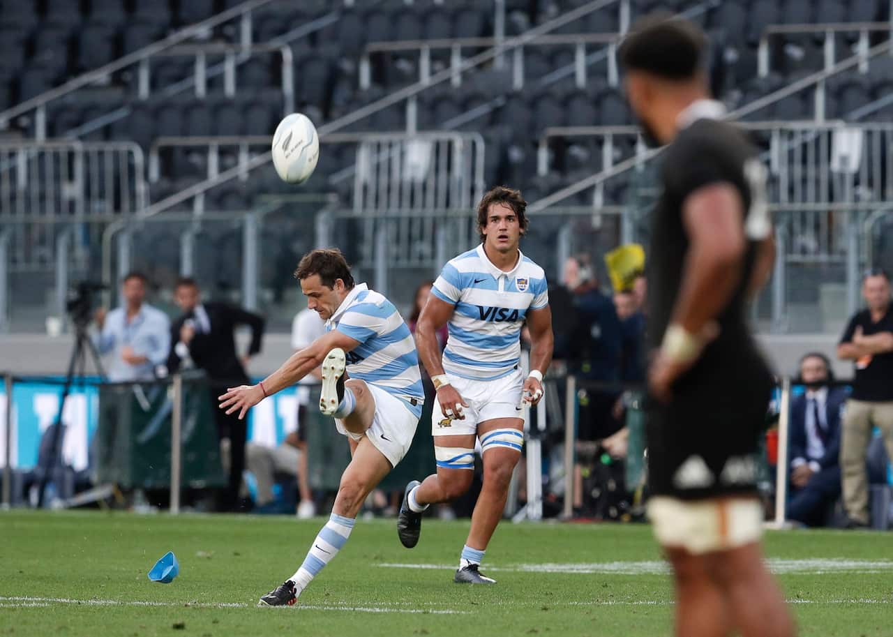 Argentina's Nicolas Sanchez kicks a penalty goal during the Tri-Nations rugby test between Argentina and New Zealand.