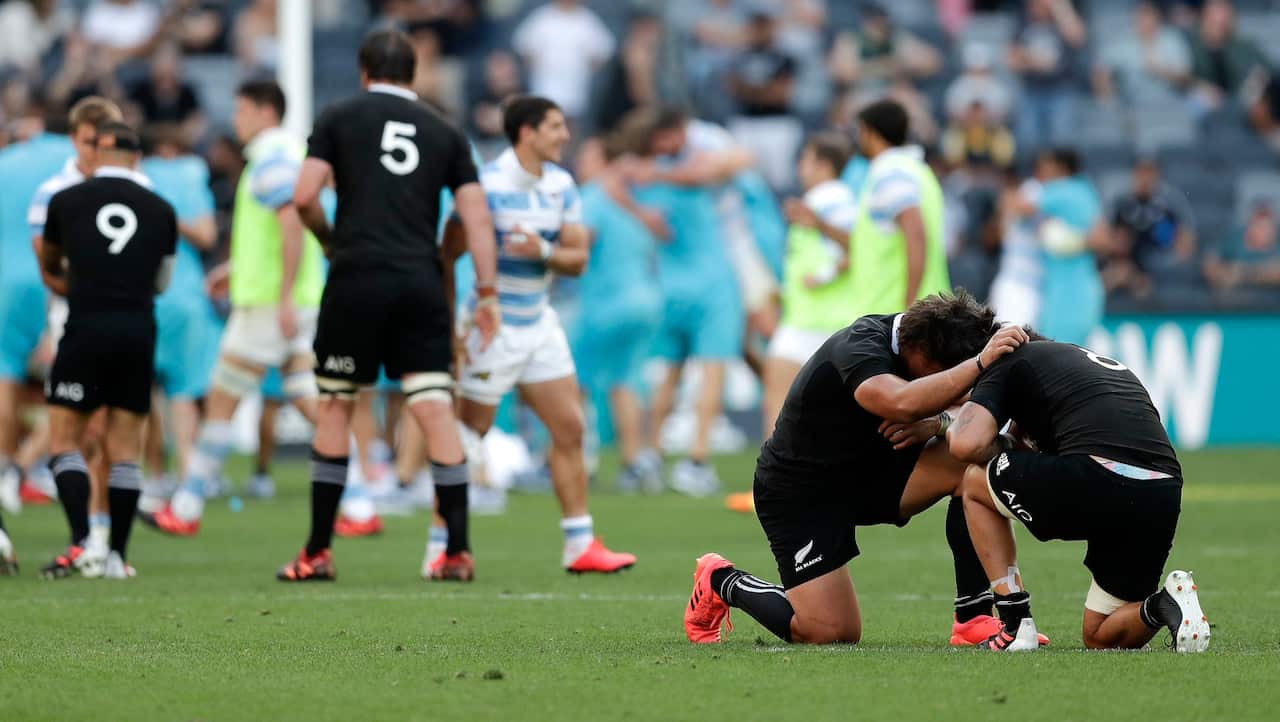 New Zealand's Caleb Clarke and Ardie Savea react following the Tri-Nations rugby test between Argentina and New Zealand.