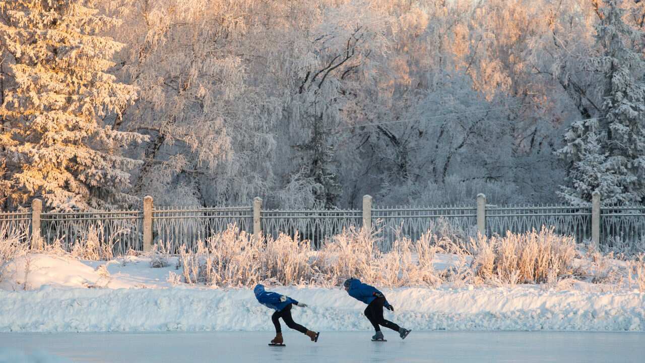 Children training on a skating rink at the Yunost Sports Centre in the city of Omsk.