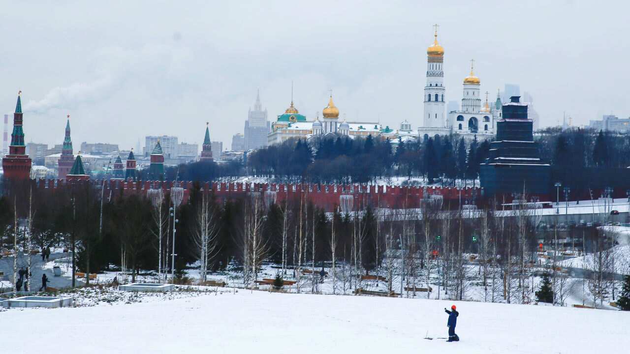 Red Square and Kremlin Palace are seen from Zaryadye Park in Moscow, Russia.