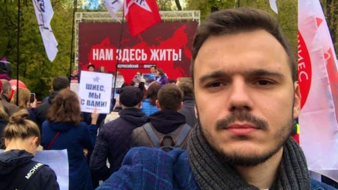 Ruslan Shaveddinov, pictured at a protest, went missing on Monday after police broke into his Moscow flat.