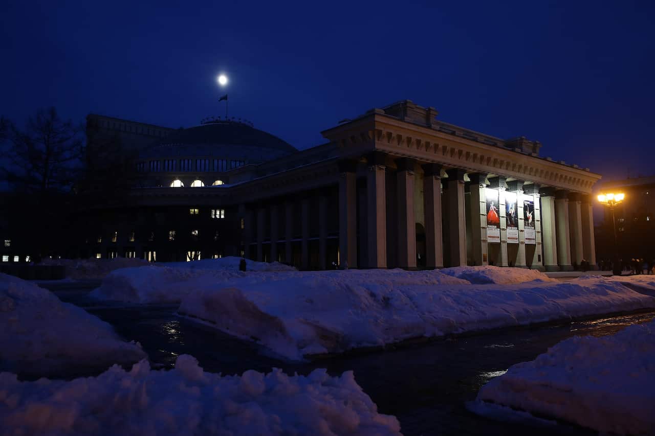 A view of the building of the Novosibirsk State Academic Opera and Ballet Theater with the lights off during Earth Hour 2021.