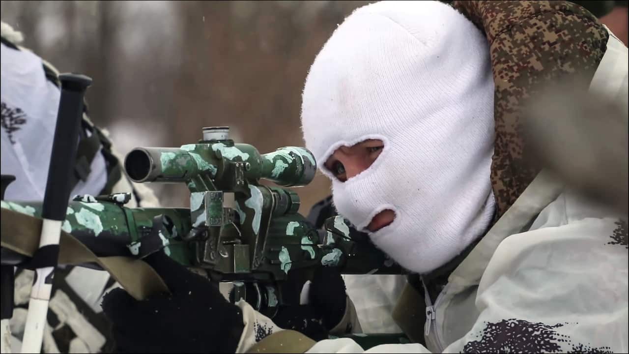 A Russian sniper soldier during a tactical drill in Tambov Oblast, Russia.