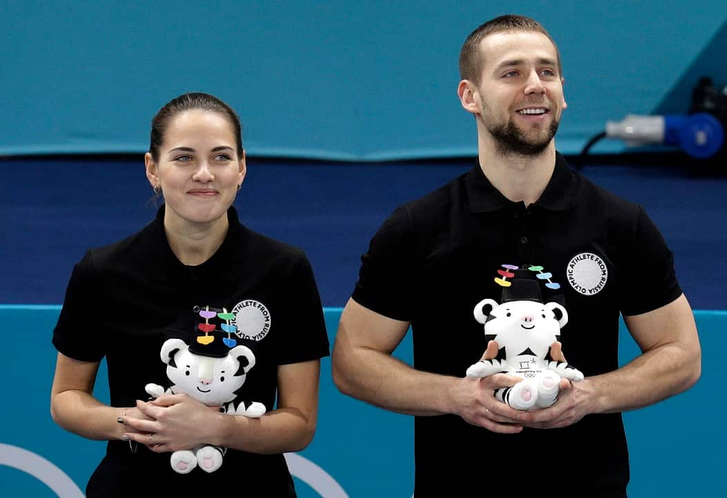 Russian athletes Anastasia Bryzgalova, left, and Aleksandr Krushelnitckii.