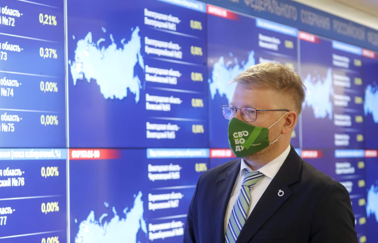 Yabloko Party chairman Nikolai Rybakov is seen during the 2021 Russian parliamentary election 17-19 September, 2021.