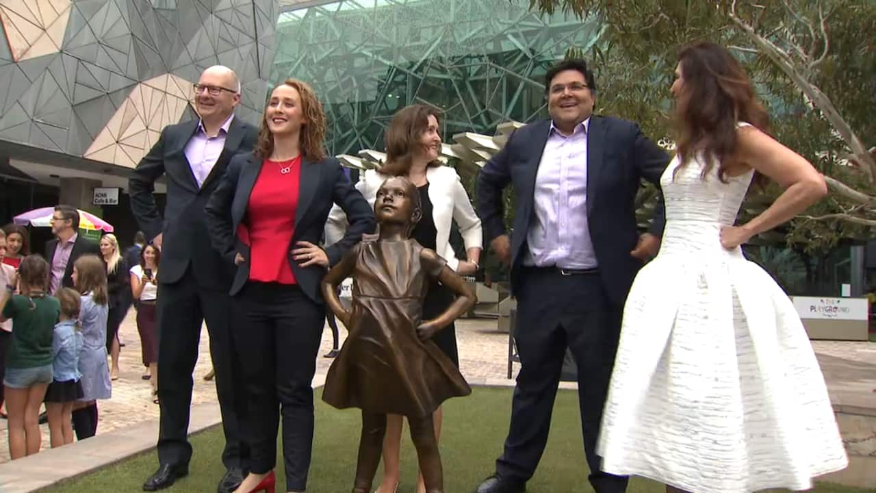 The ‘fearless girl’ statue is unveiled in Melbourne’s Federation Square.