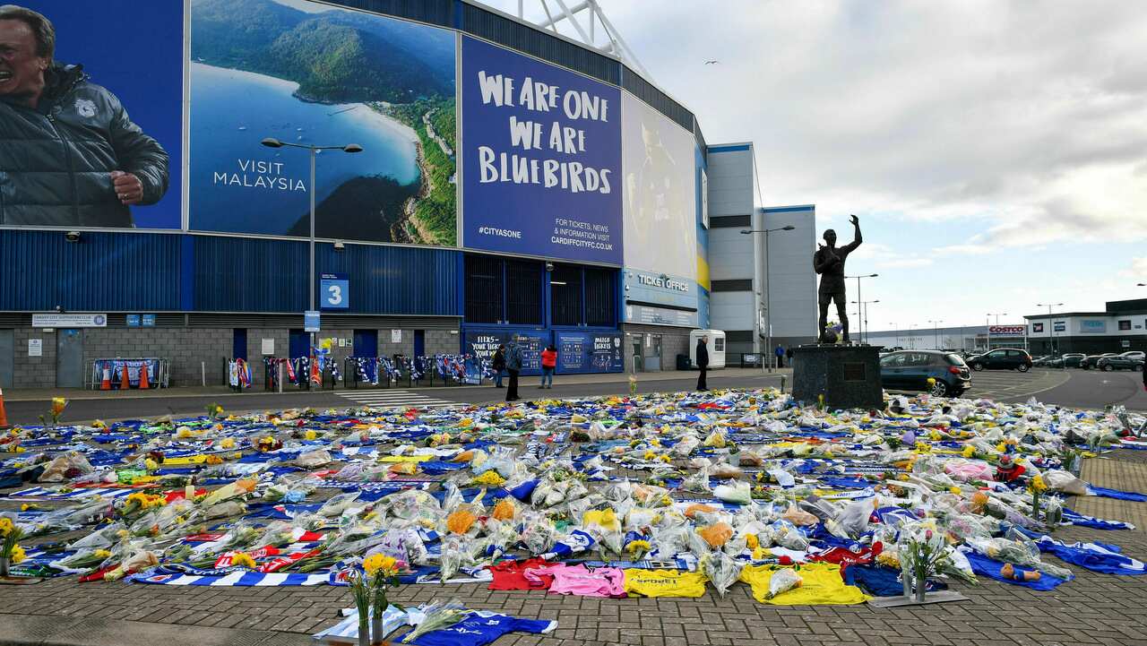 Floral tributes dedicated to missing footballer Emiliano Sala outside the Cardiff City Stadium in Cardiff, Wales.
