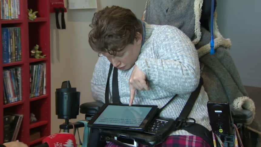 Sam Petersen uses a speech-generating device to communicate. 