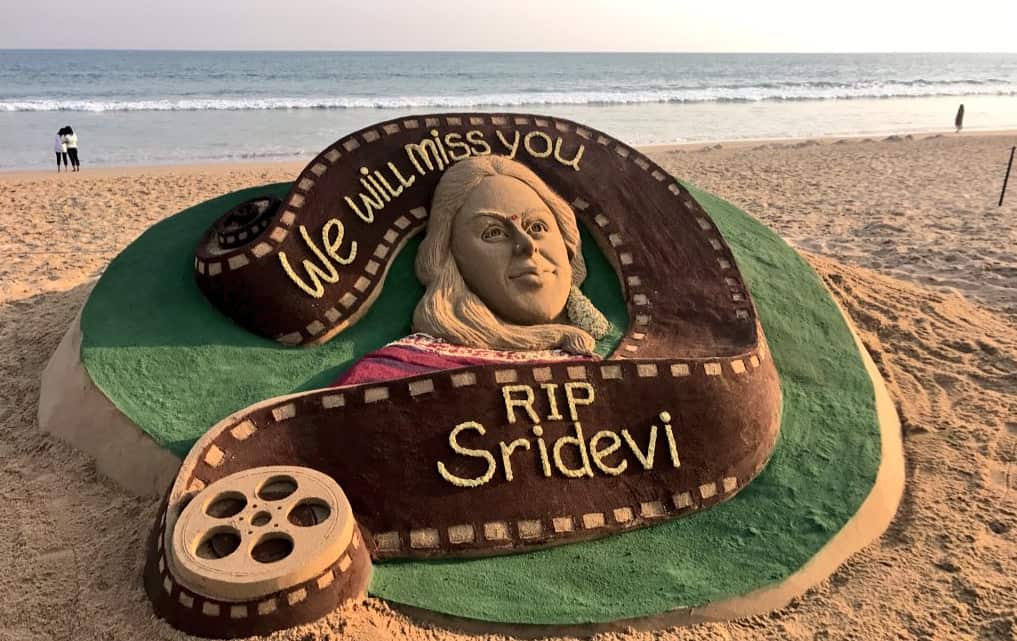 A sand sculpture memorialising Bollywood acress Sridevi Kapoor.