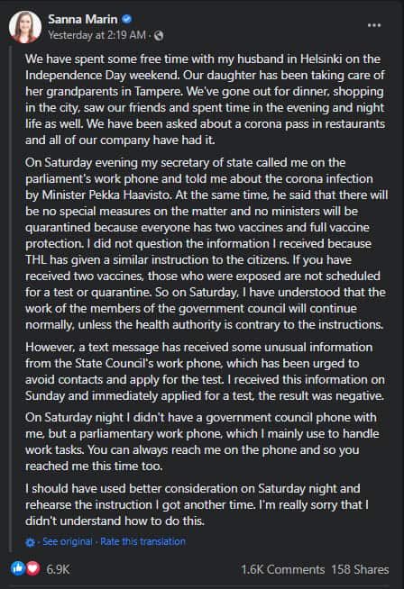 PM Sanna Marin explained herself on facebook. 