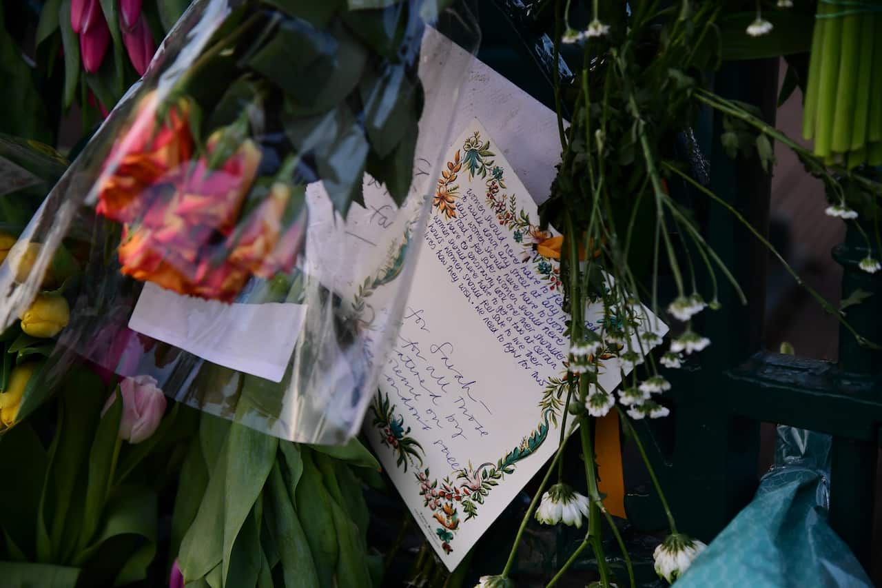 Flowers left at the bandstand on Clapham Common after the discovery of Sarah Everard's body in woodland in Kent.