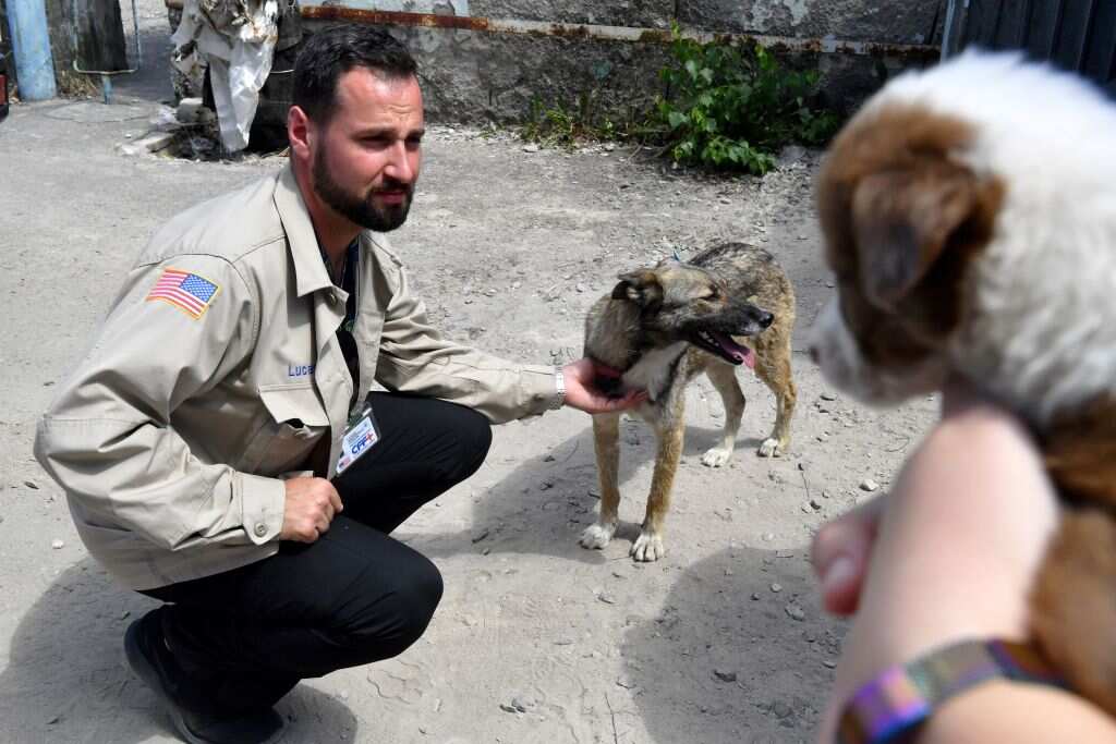 Lucas Hixson, co-founder of Clean Futures Fund (CFF), strokes a stray dog outside the improvised animals hospital based just near the Chernobyl power plant.